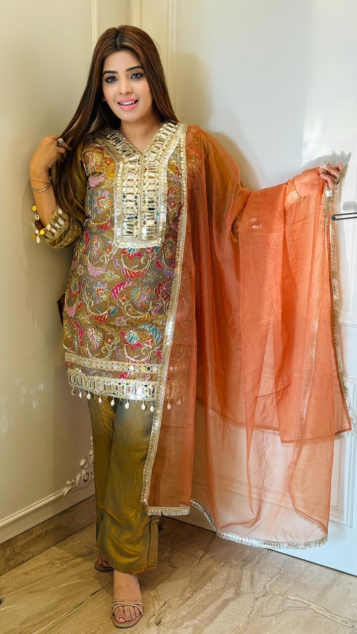 Shayara Cotton Shimmer Suit Set- Orange, Lavender