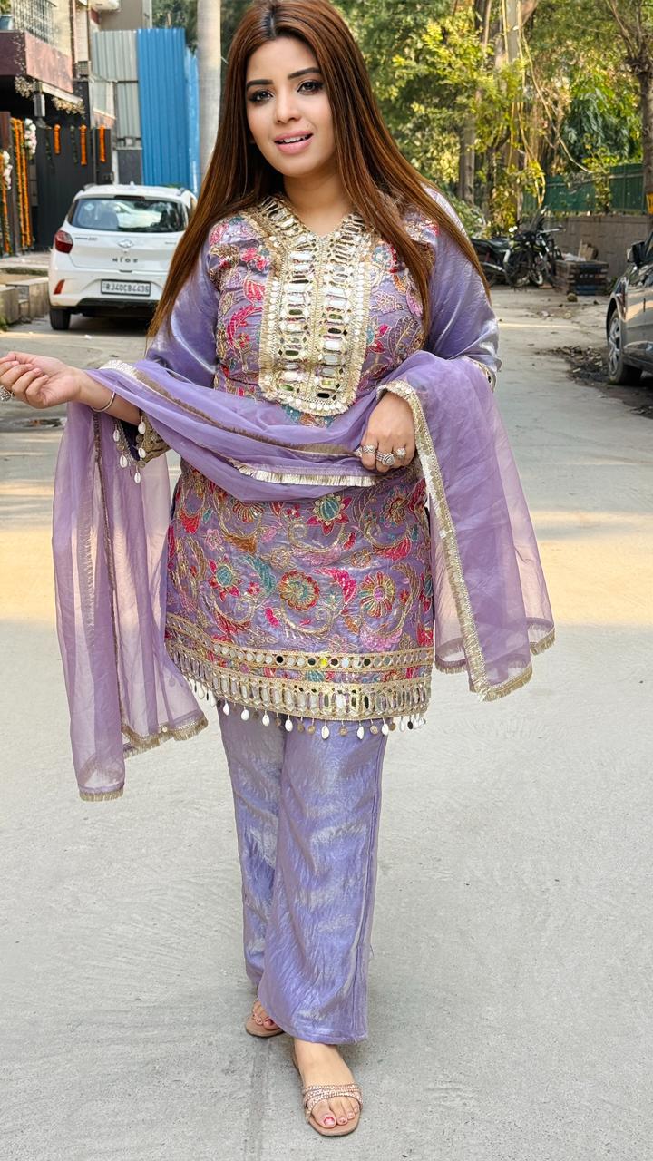 Shayara Cotton Shimmer Suit Set- Orange, Lavender