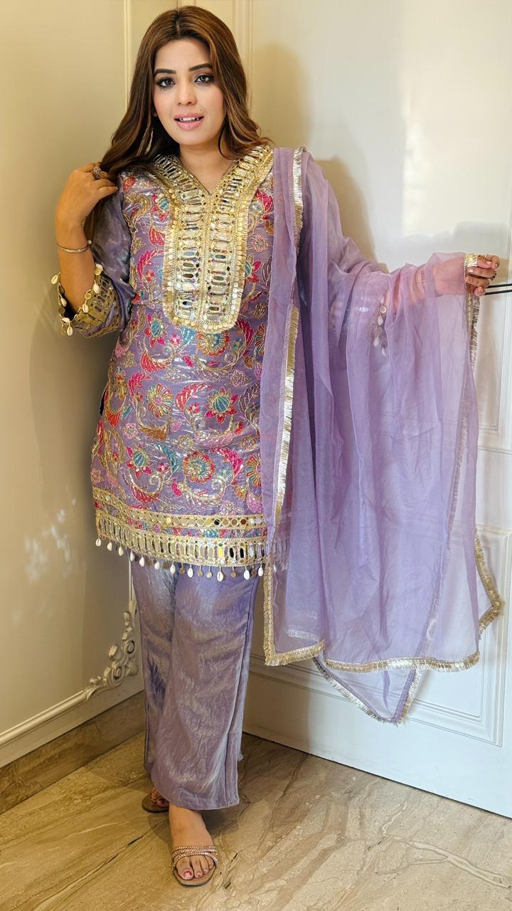 Shayara Cotton Shimmer Suit Set- Orange, Lavender