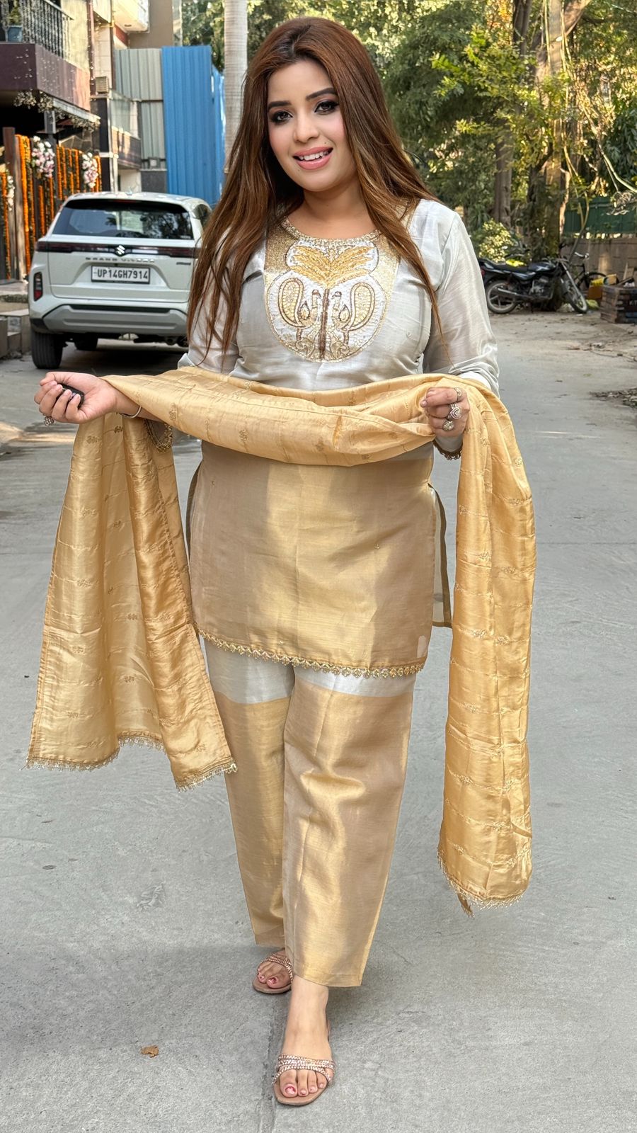 Raivya Two-Tone Silk Suit Set- Beige