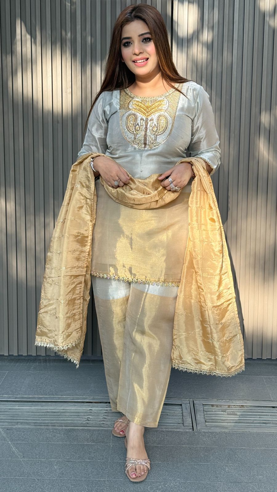 Raivya Two-Tone Silk Suit Set- Beige