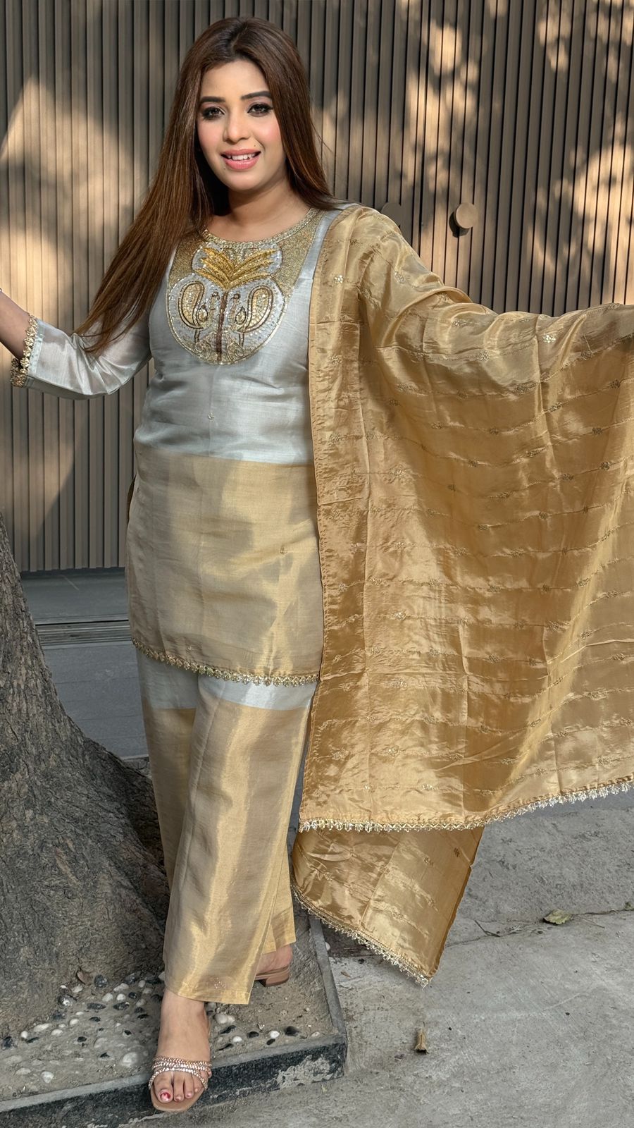 Raivya Two-Tone Silk Suit Set- Beige