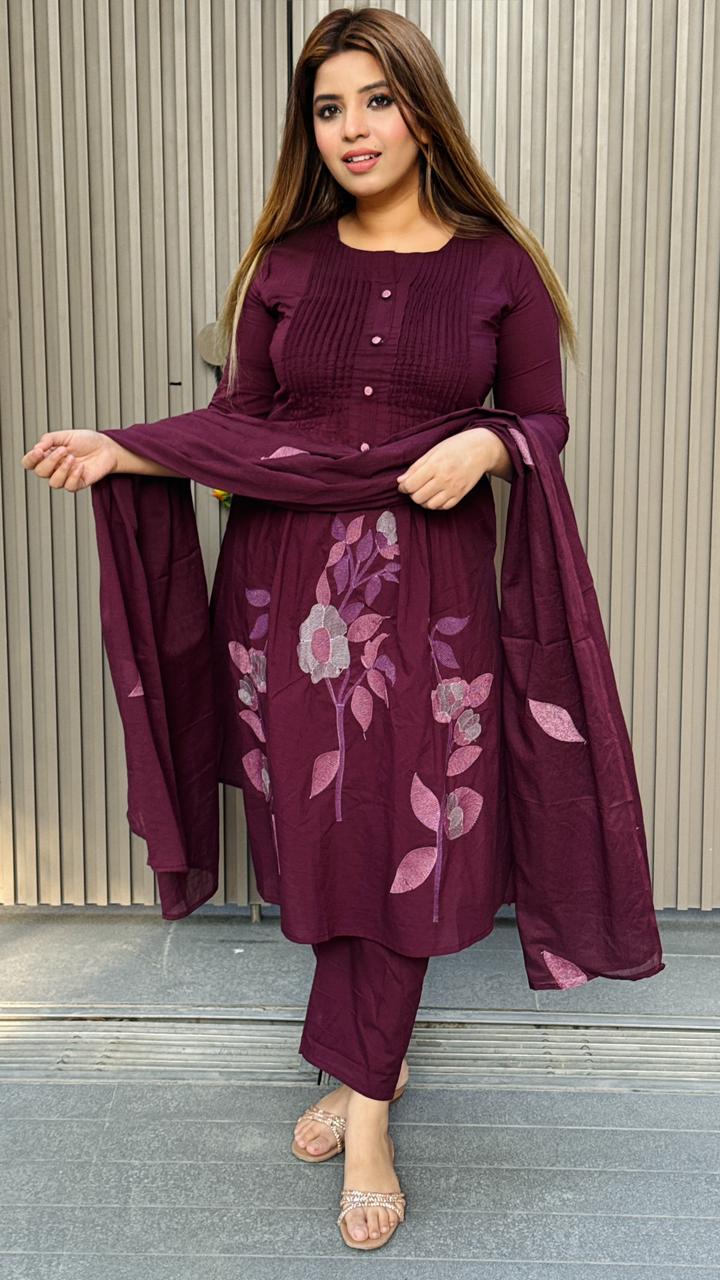 Aarishka Cotton Suit Set- Purple