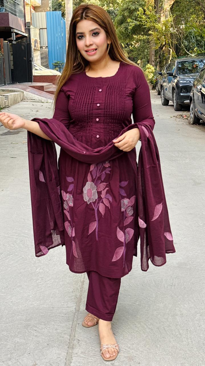 Aarishka Cotton Suit Set- Purple