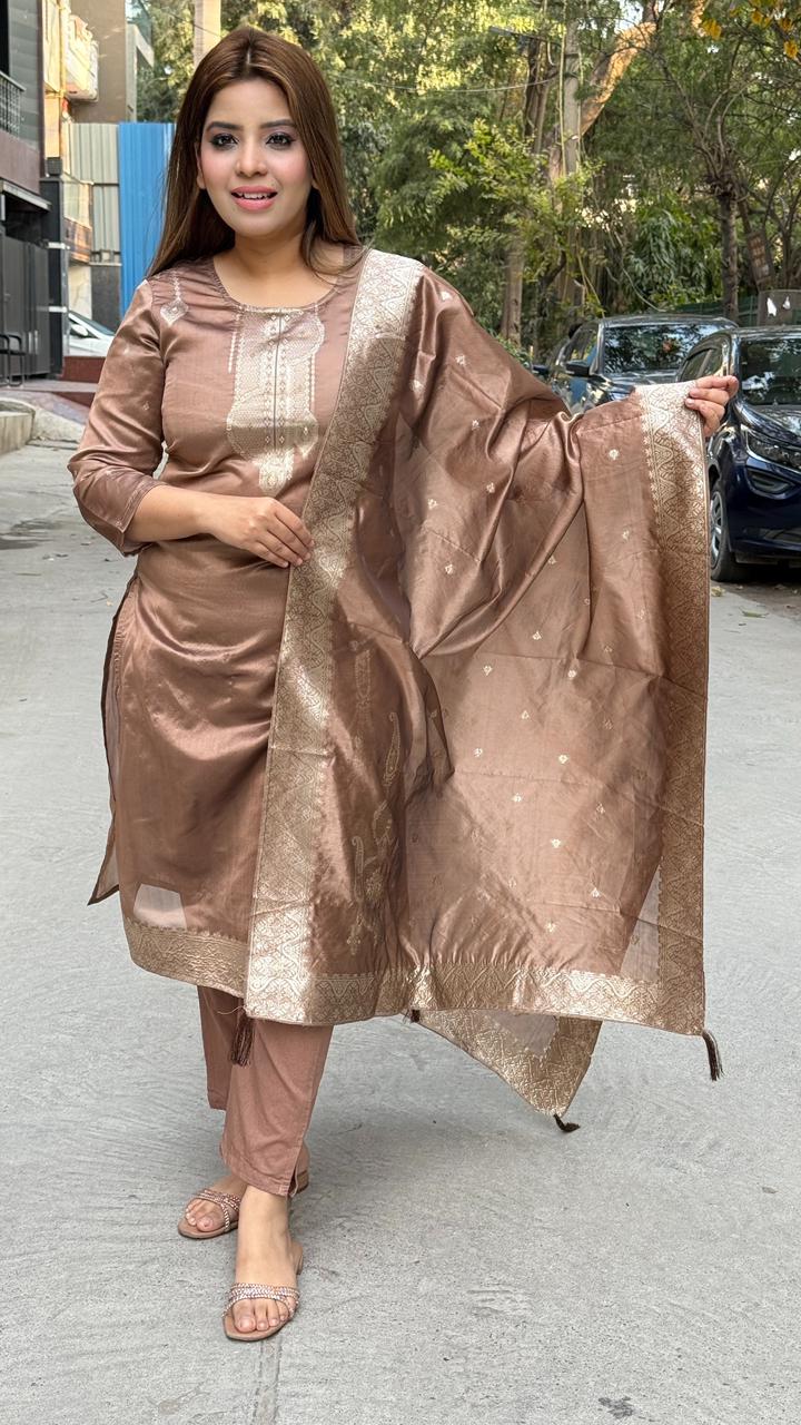 Navisha Cotton Banarasi Suit Set- Brown