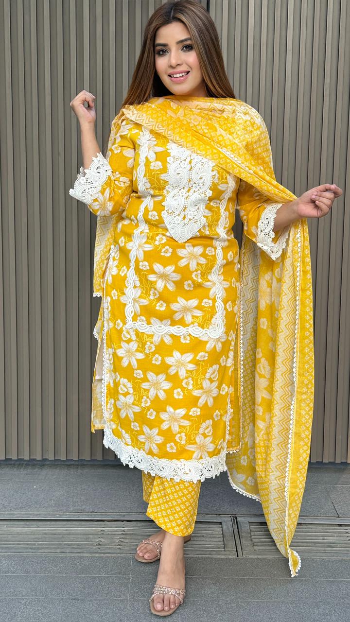 Prishara Cotton Suit Set- Pink, Yellow, Blue