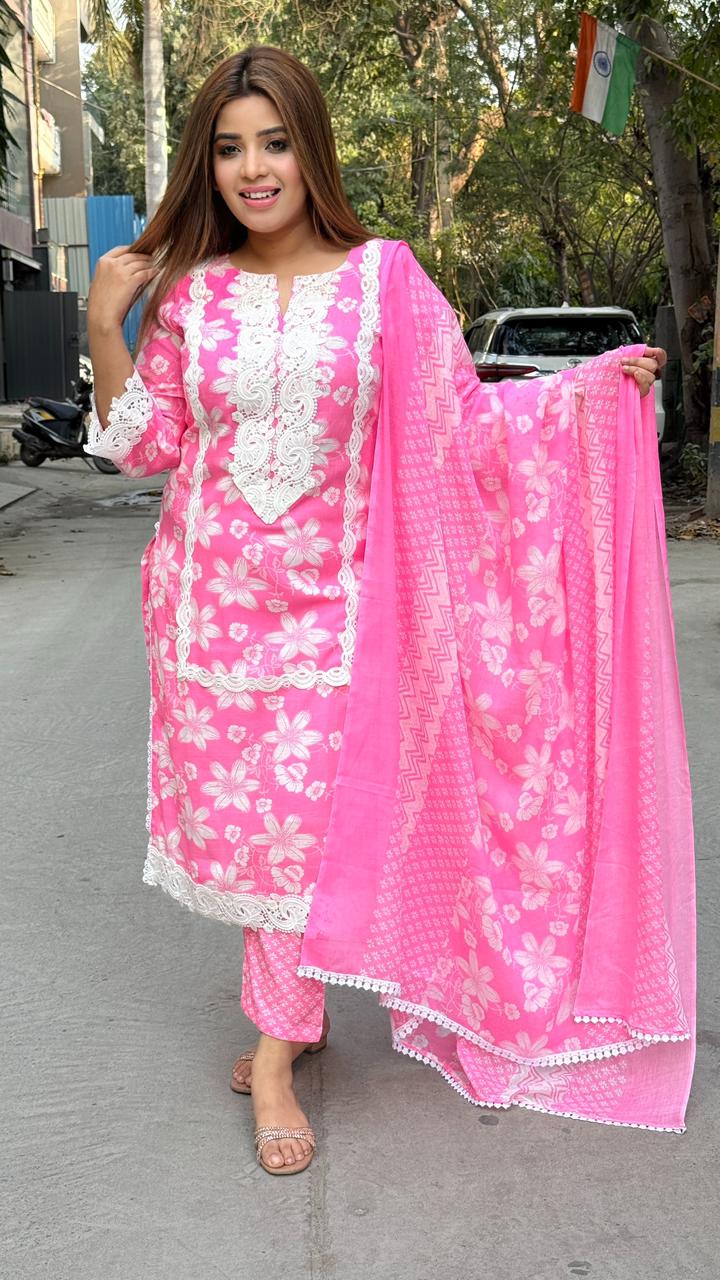 Prishara Cotton Suit Set- Pink, Yellow, Blue