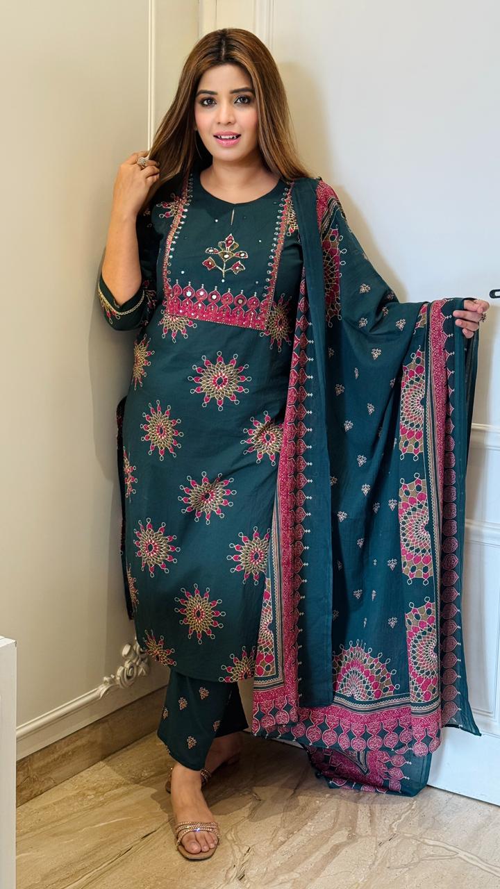 Mahvika Cotton Suit Set- Blue, Red