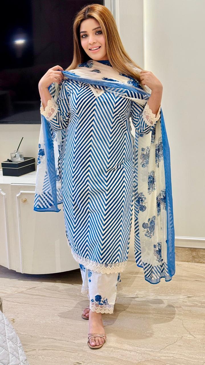 Anarika Cotton Suit Set- Blue, Navy, Pink