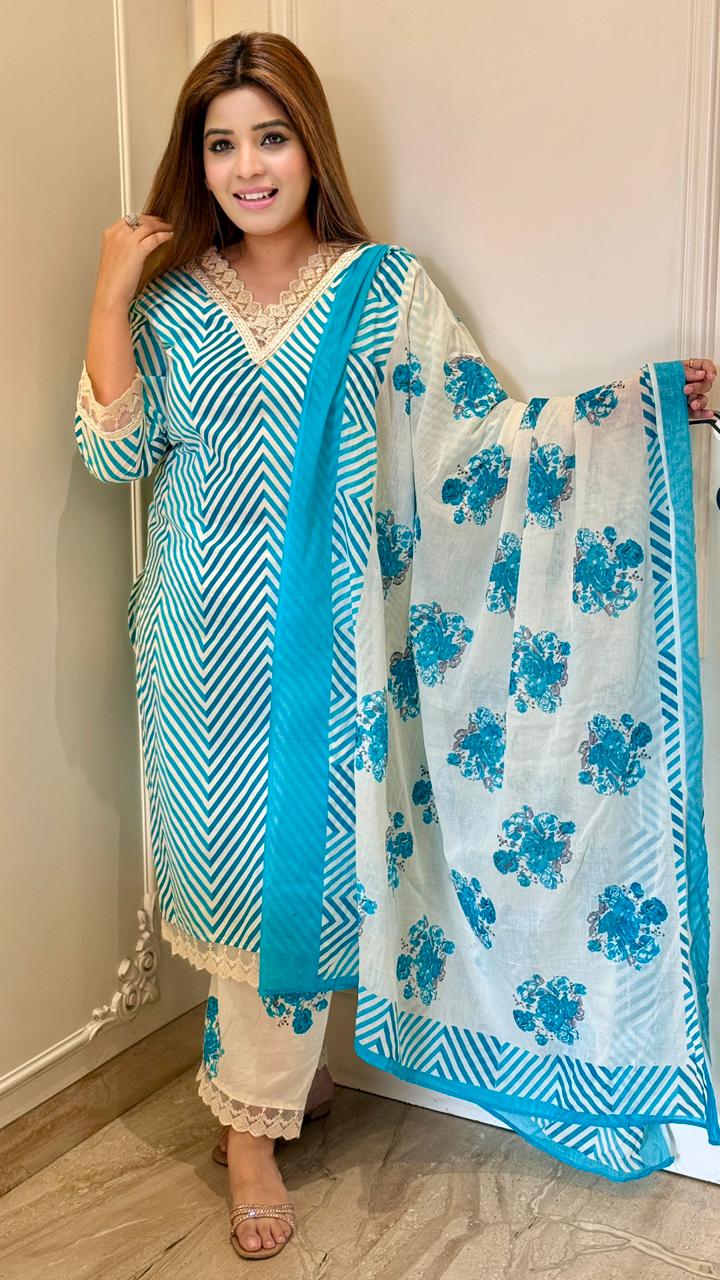 Anarika Cotton Suit Set- Blue, Navy, Pink