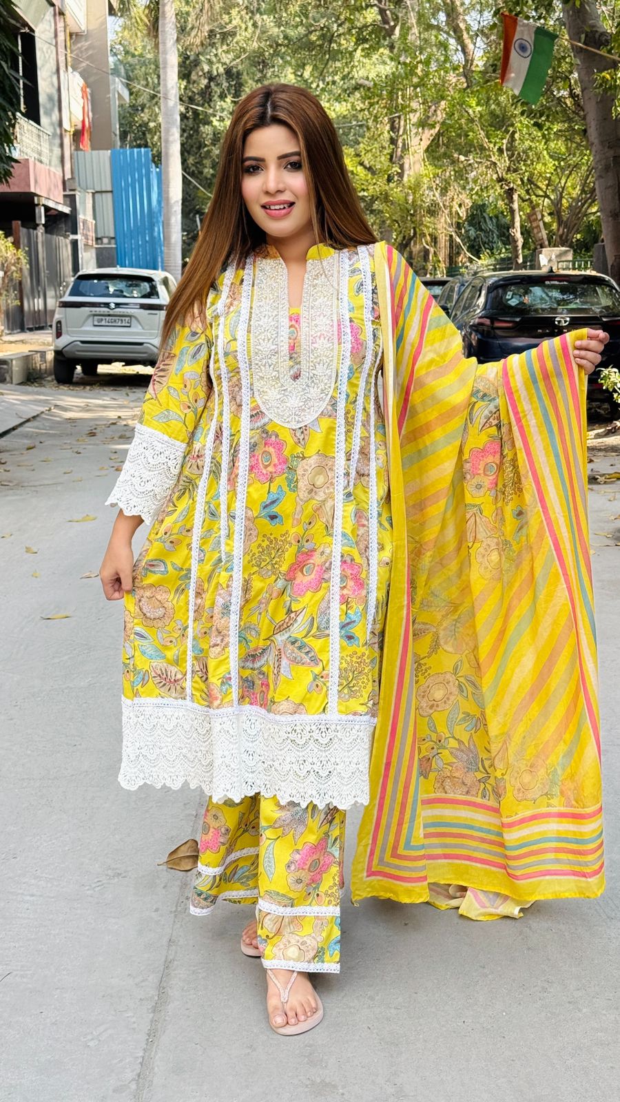 Aarvini Cotton Anarkali Set- Yellow