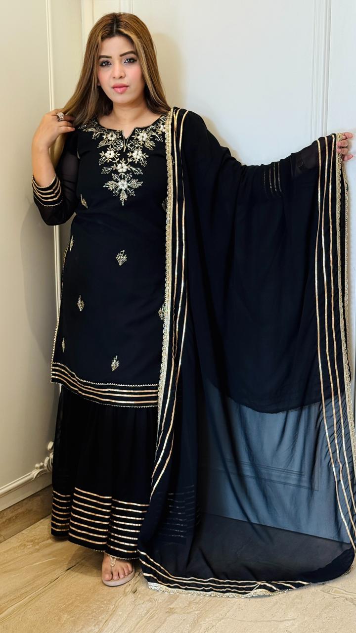 Rehnoor Sharara Set- Black, Orange