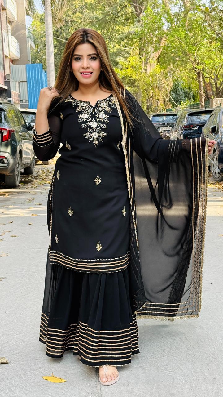 Rehnoor Sharara Set- Black, Orange