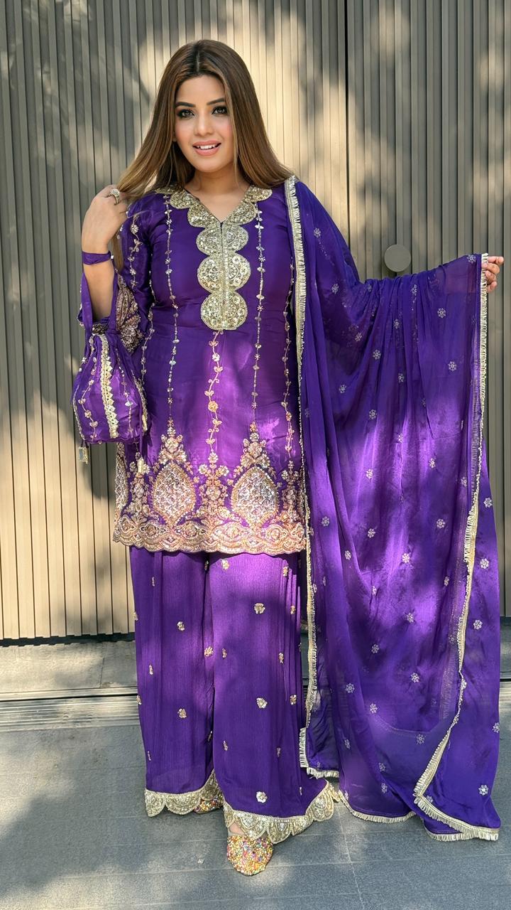 Aaradhika Plazo Suit Set- Purple, Pink