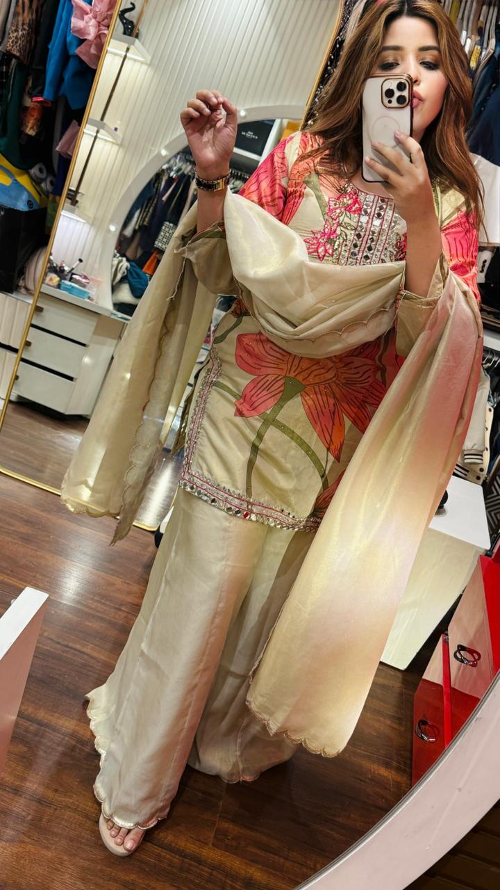 Anvaira Shimmer Plazo Suit Set- Biege