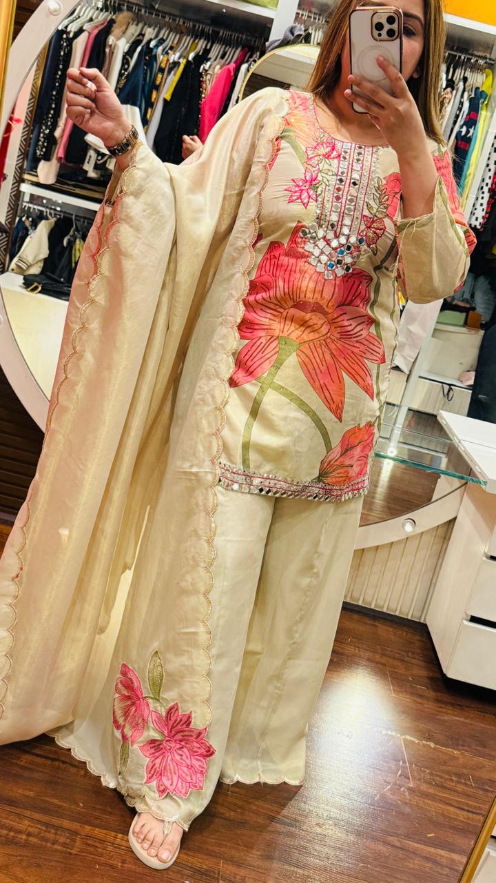 Anvaira Shimmer Plazo Suit Set- Biege