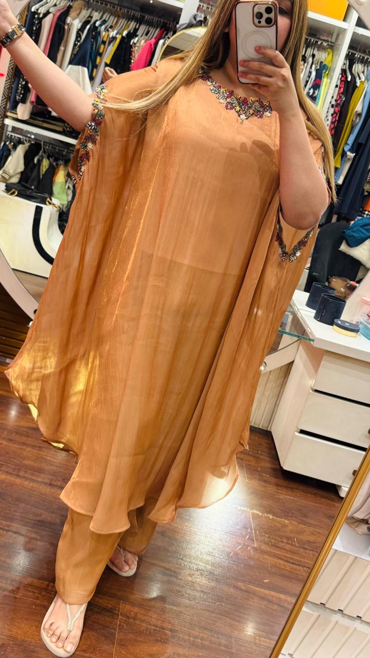 Mehvika Shimmer Kaftan Plazo Set- Brown, Pink, Green