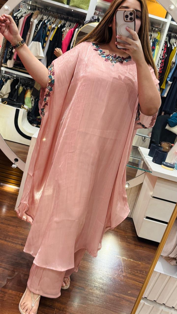 Mehvika Shimmer Kaftan Plazo Set- Brown, Pink, Green