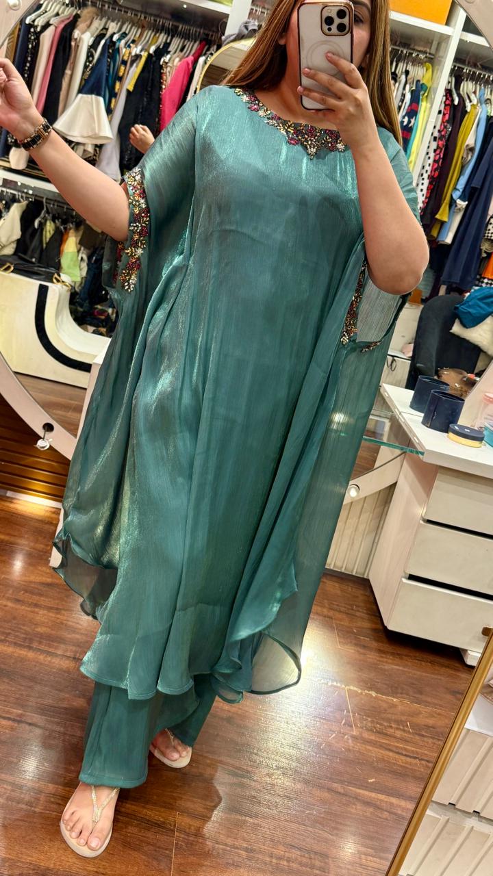 Mehvika Shimmer Kaftan Plazo Set- Brown, Pink, Green