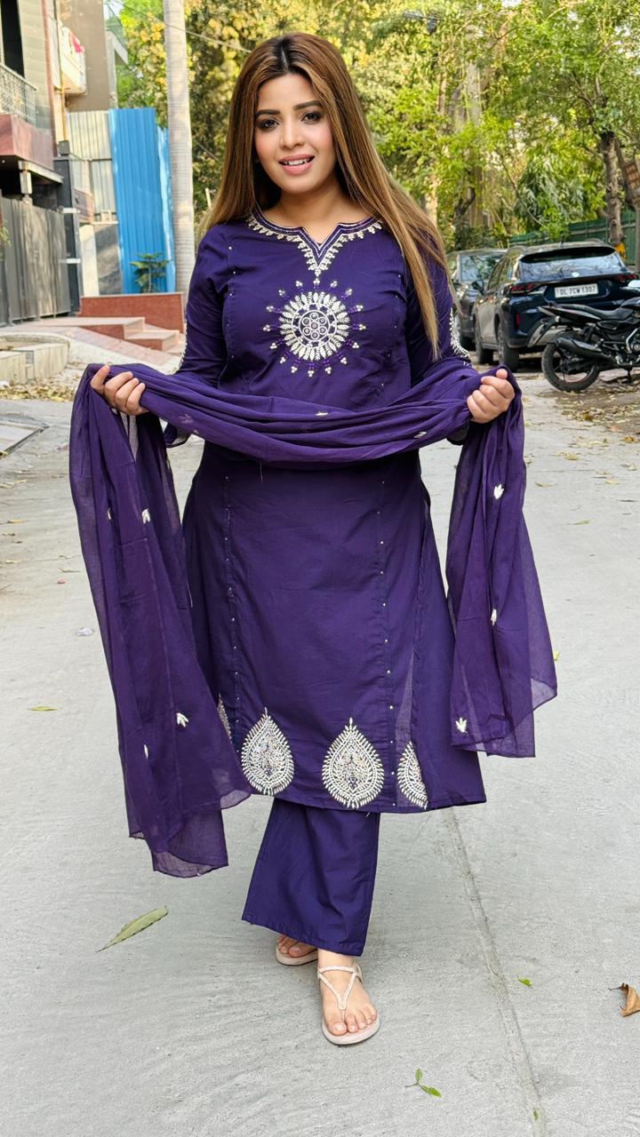 Navraya Cotton Suit Set- Pink, Purple