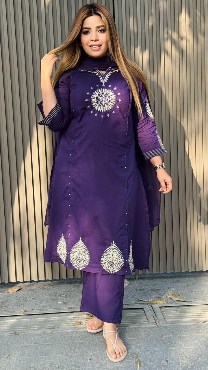 Navraya Cotton Suit Set- Pink, Purple