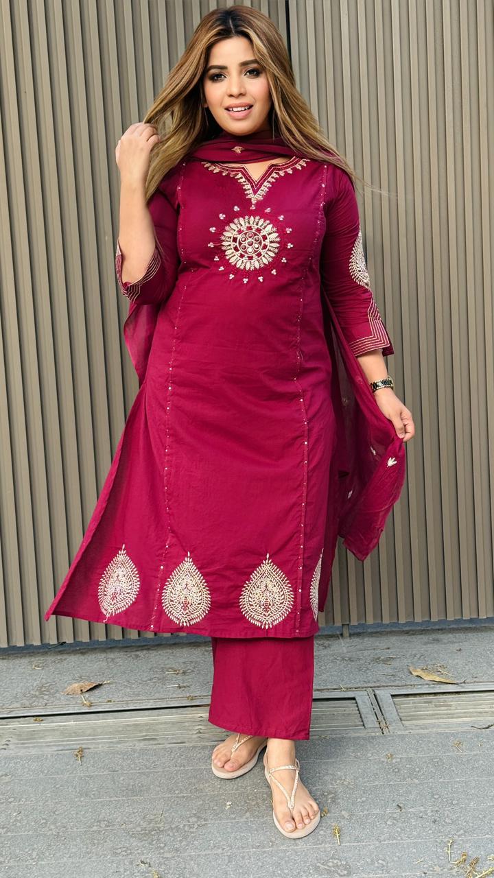 Navraya Cotton Suit Set- Pink, Purple