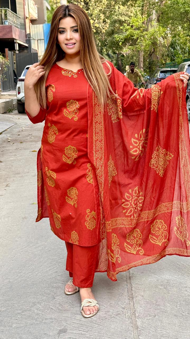 Navira Cotton Printed Suit Set- Blue, Orange