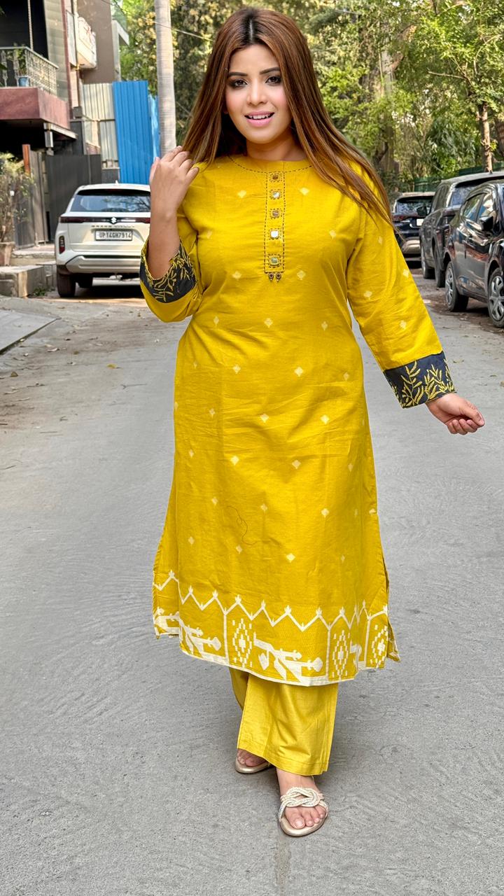 Myraa Cotton A-Line Kurta- Pink, Yellow