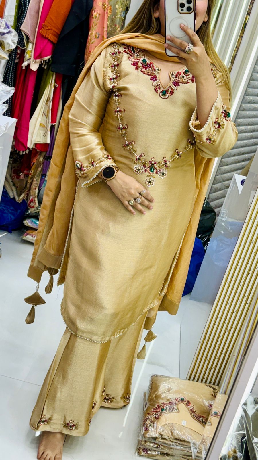 Zehvira Shimmer Suit Set- Beige