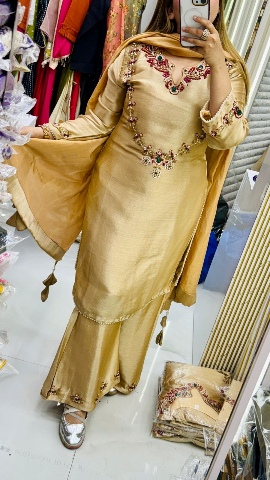 Zehvira Shimmer Suit Set- Beige