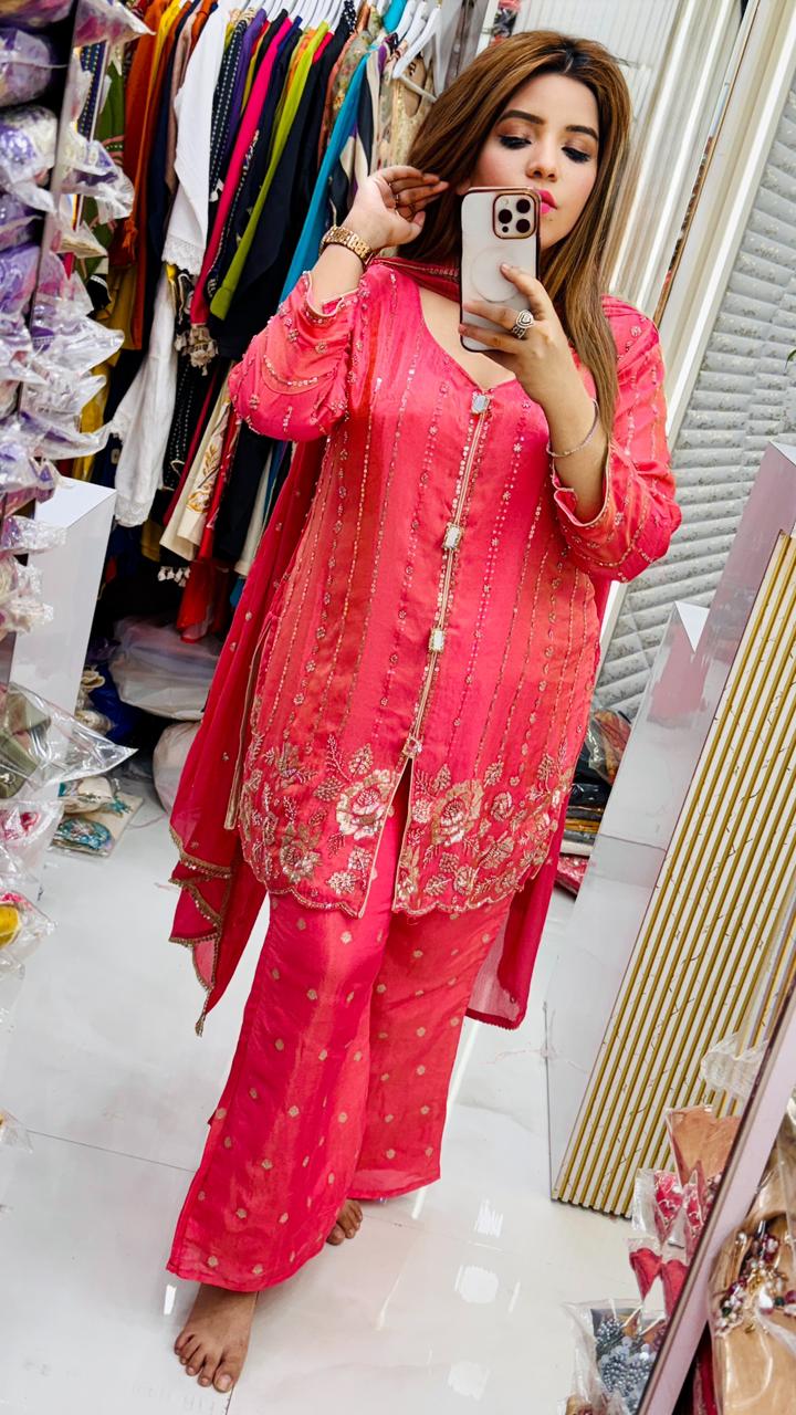 Devikaa Shimmer Plazo Set- Yellow, Pink