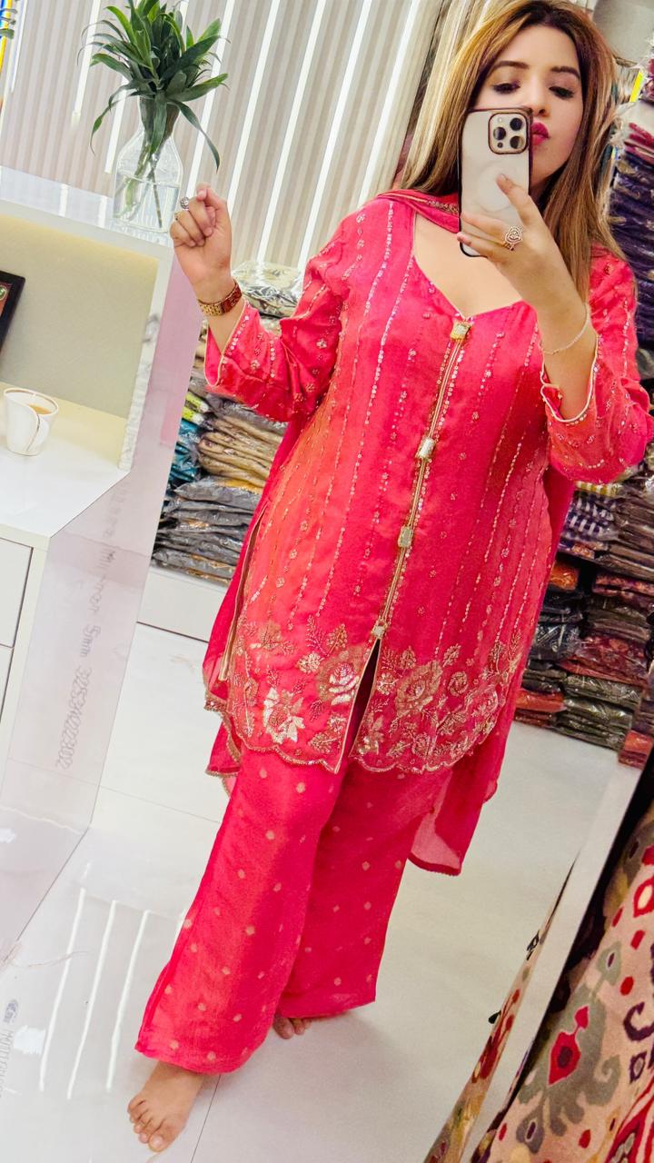 Devikaa Shimmer Plazo Set- Yellow, Pink