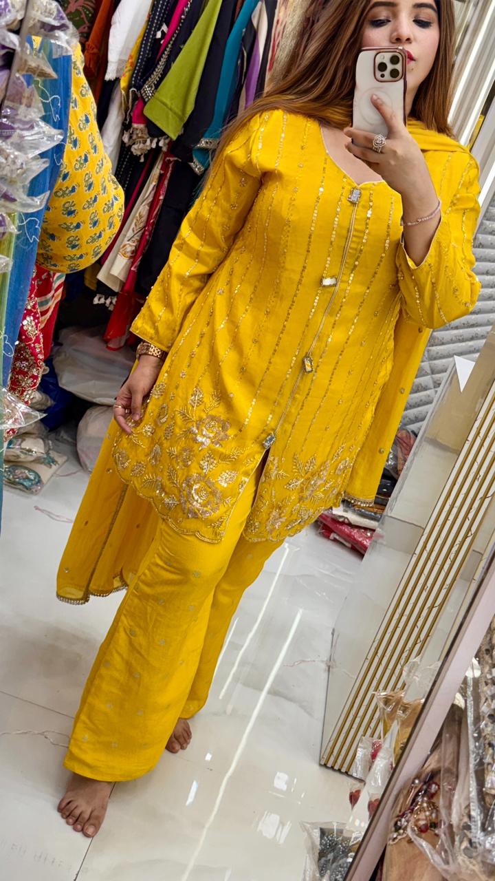 Devikaa Shimmer Plazo Set- Yellow, Pink