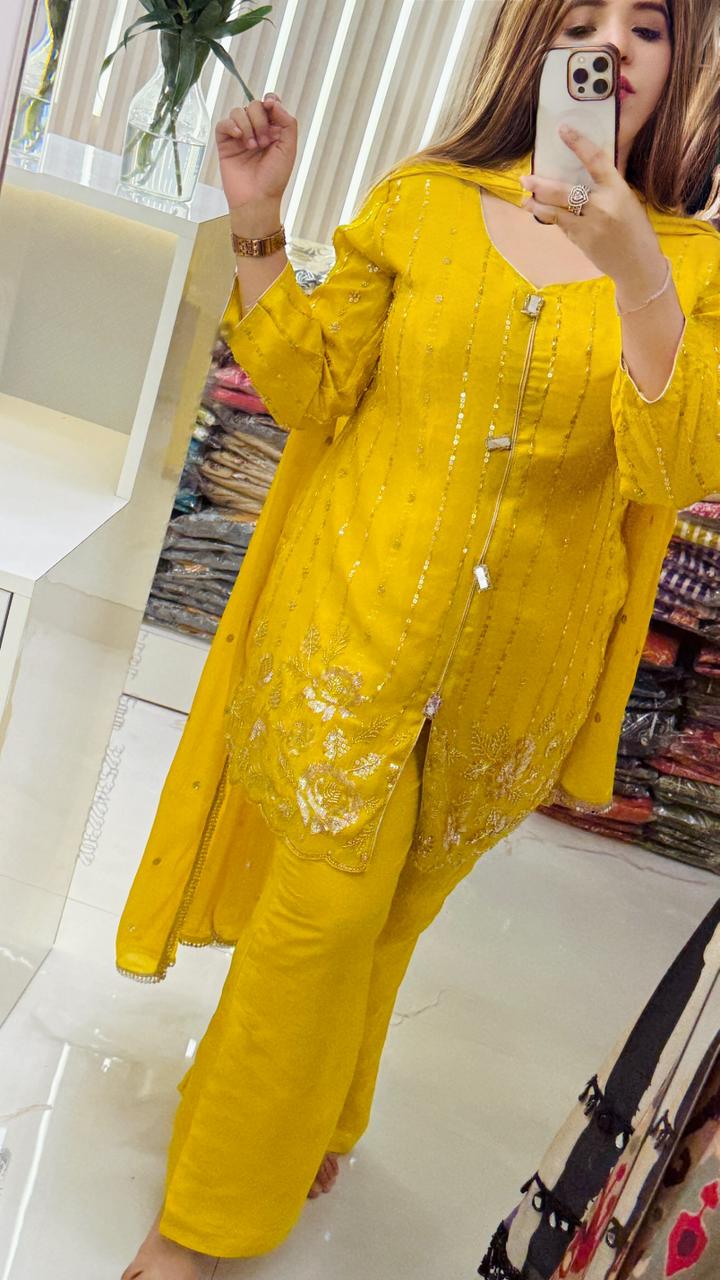 Devikaa Shimmer Plazo Set- Yellow, Pink