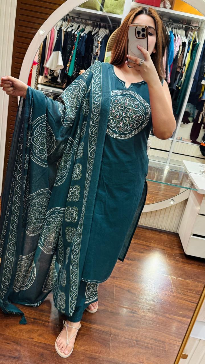 Bandhira Cotton Suit Set- Green, Brown, Black