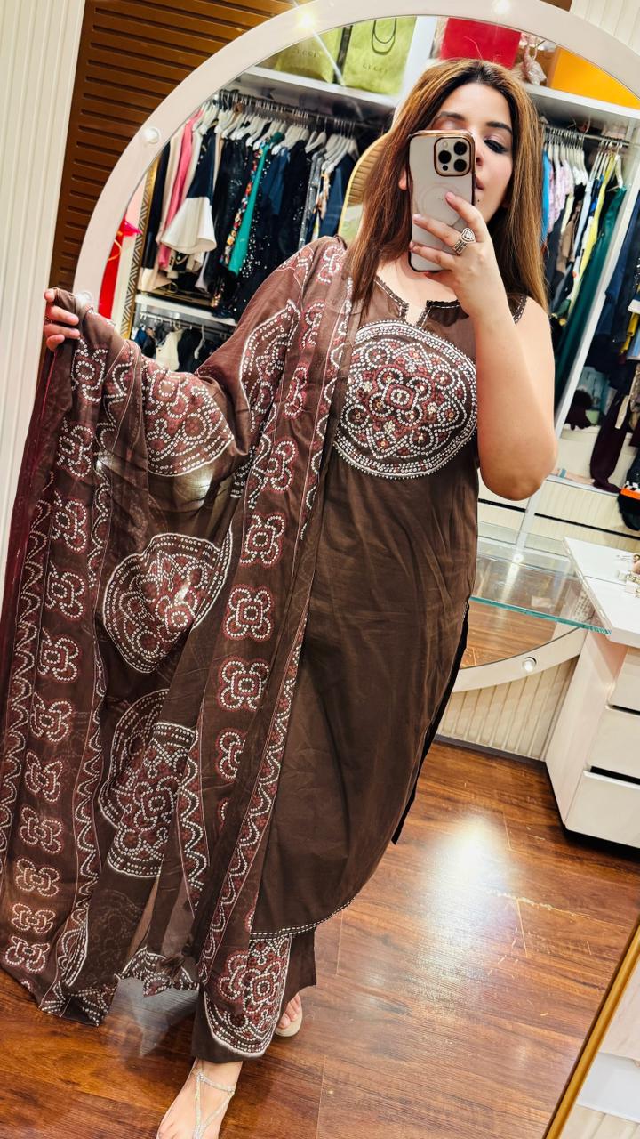 Bandhira Cotton Suit Set- Green, Brown, Black