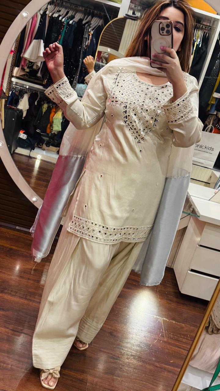 Aaviraah Organza Farshi Set- Beige, Black, Blue