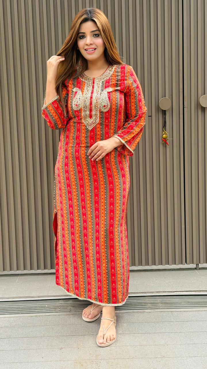 Zehmina Firan Kurti- Magenta, Orange, Pink