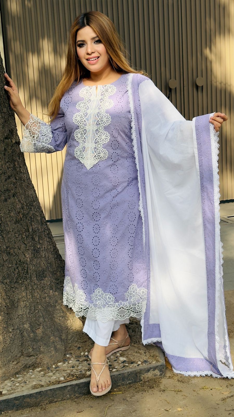 Aavisha Schiffli Suit Set- Green, Lavender, Pink