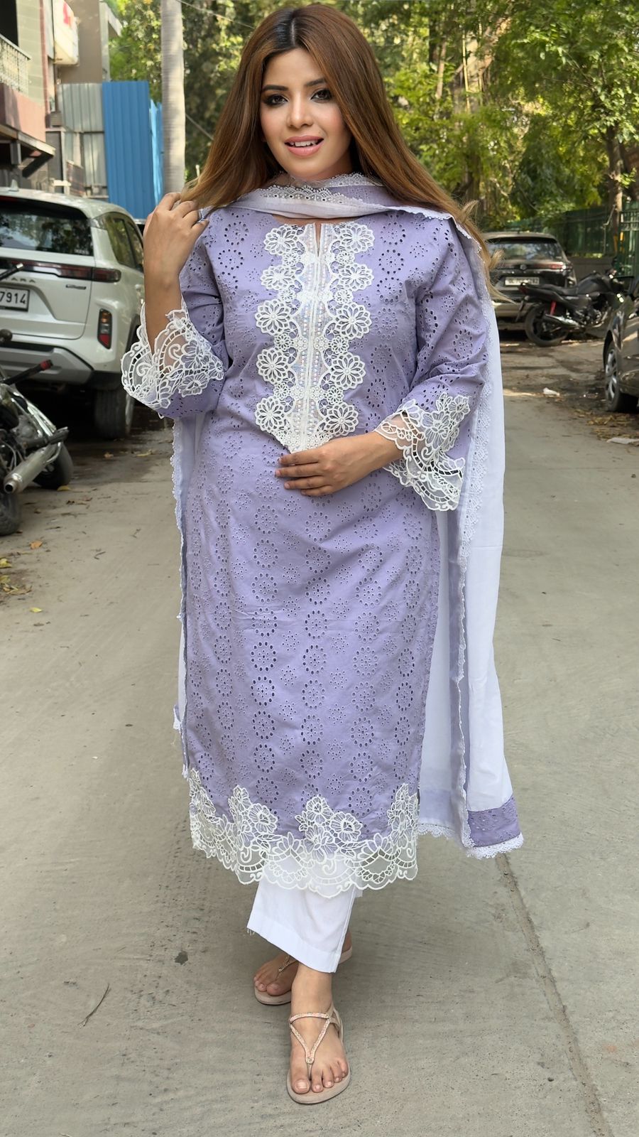 Aavisha Schiffli Suit Set- Green, Lavender, Pink