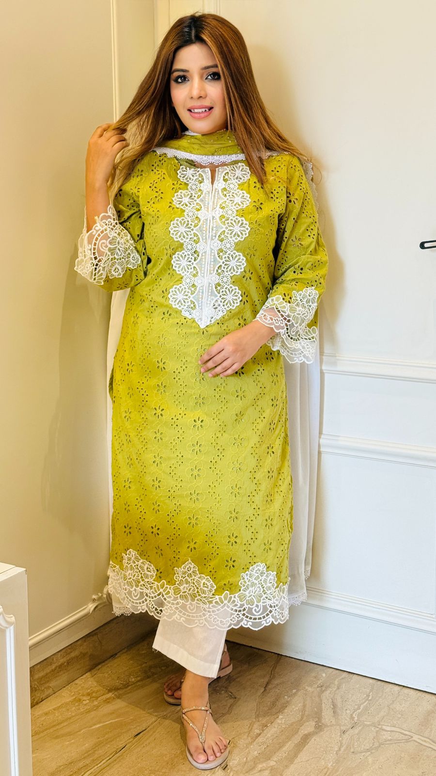 Aavisha Schiffli Suit Set- Green, Lavender, Pink