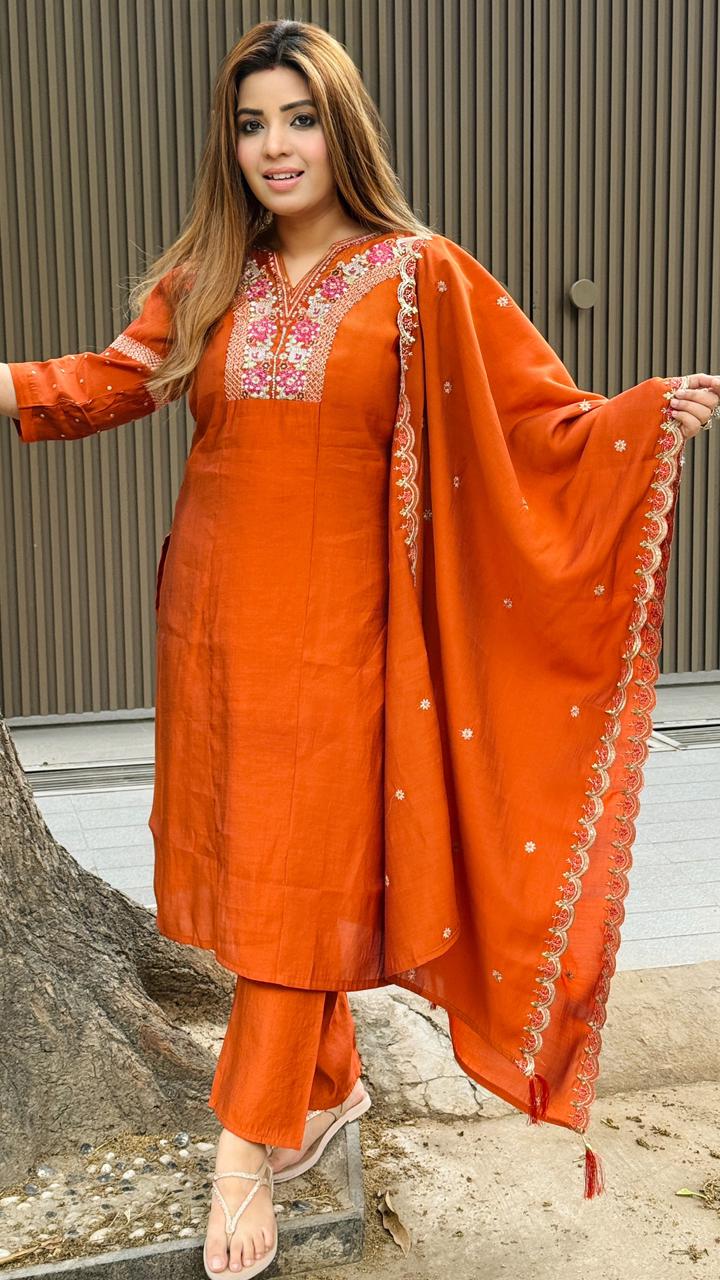 Zarvielle Cotton Printed Suit Set- Orange, Purple, Blue, Green