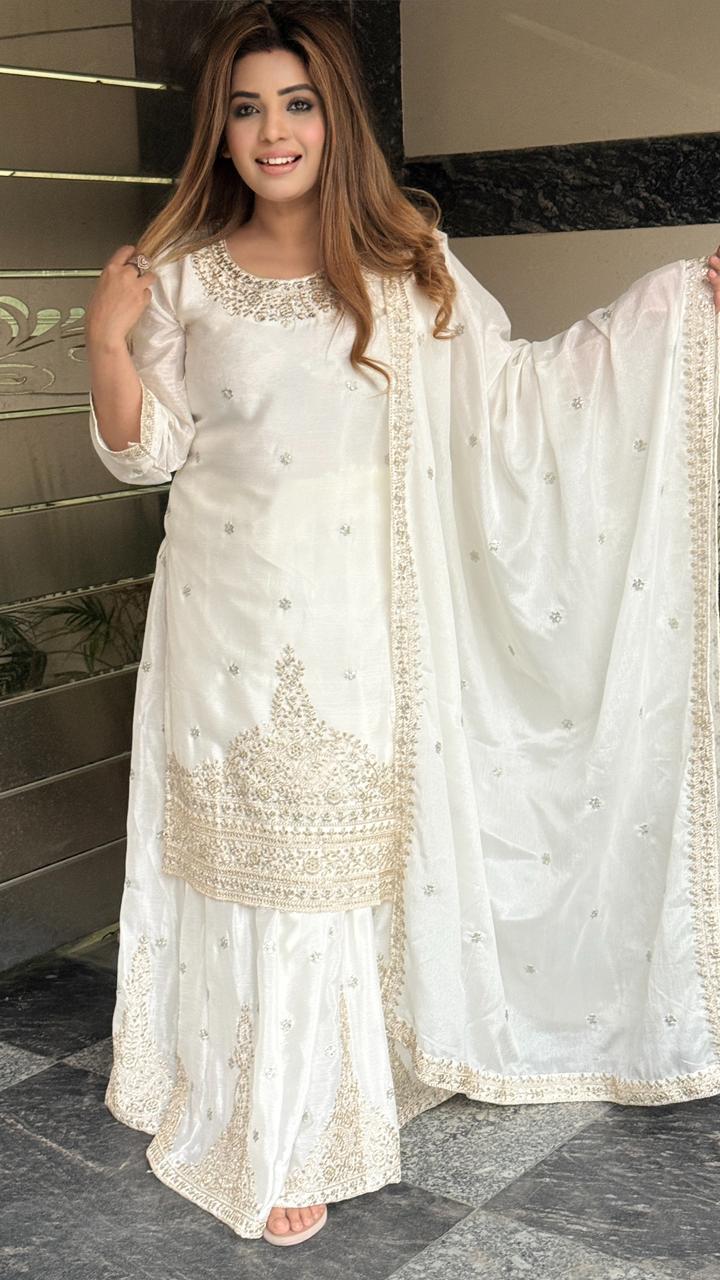 Mehzaara Shimmer Skirt Set- White