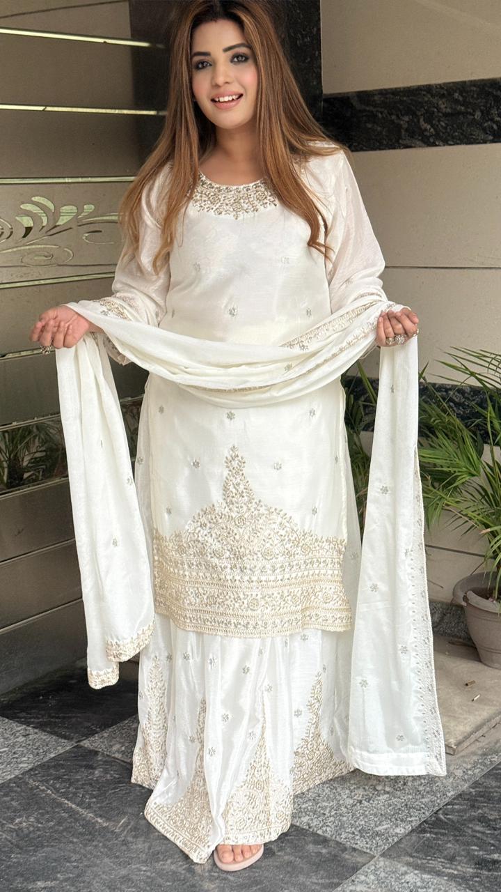 Mehzaara Shimmer Skirt Set- White, Pink