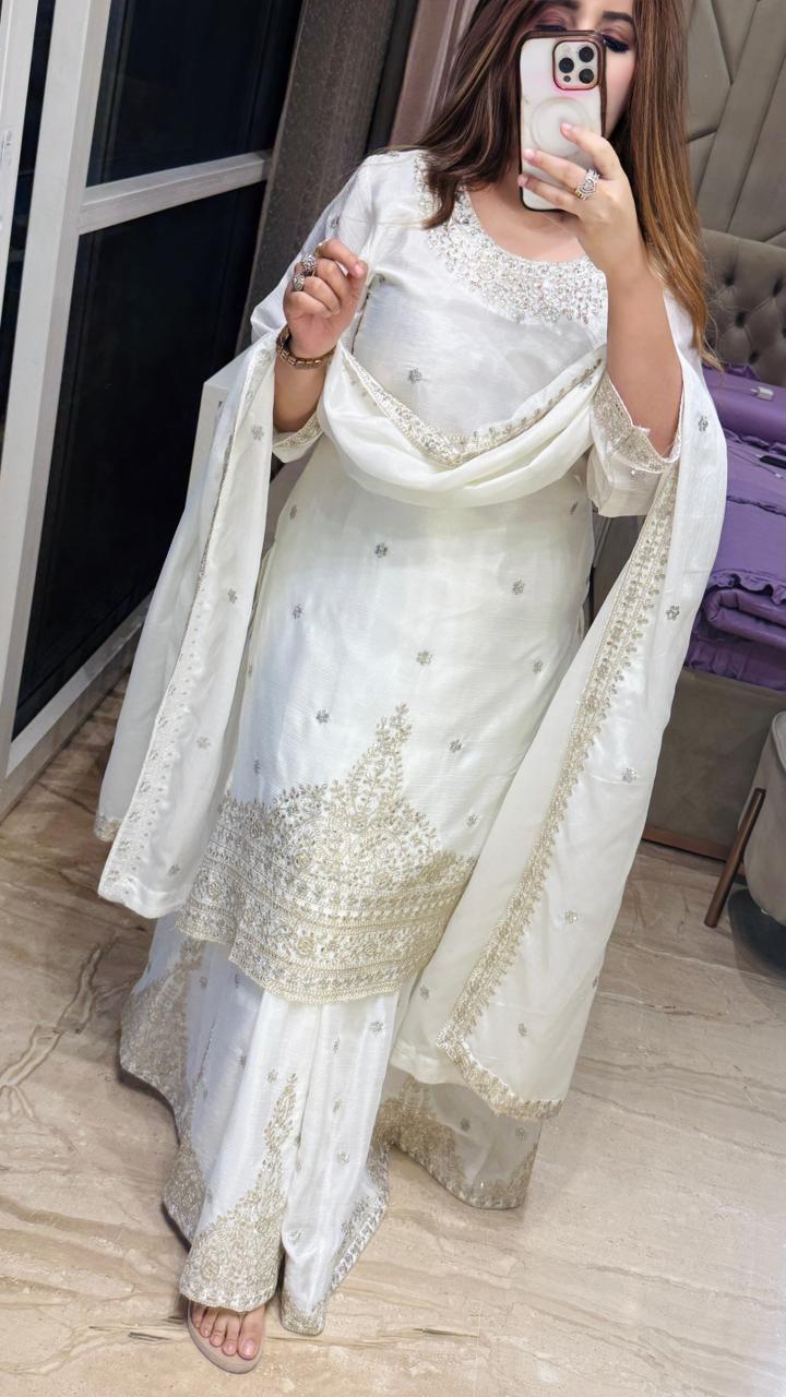 Mehzaara Shimmer Skirt Set- White