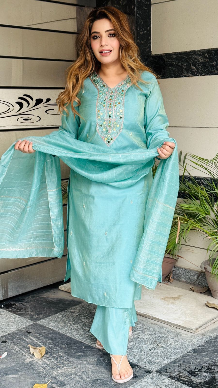 Ritanshi Shimmer Suit Set- Blue, Pink