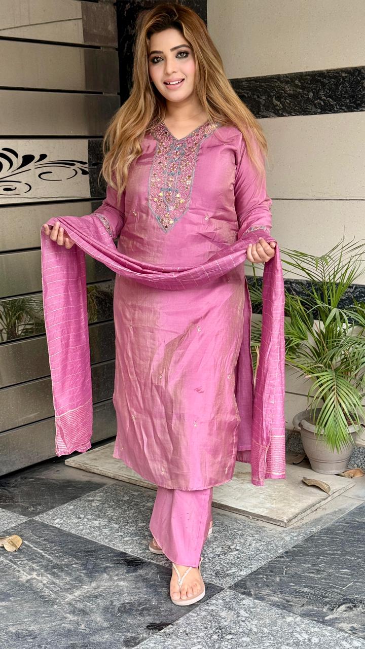 Ritanshi Shimmer Suit Set- Blue, Pink