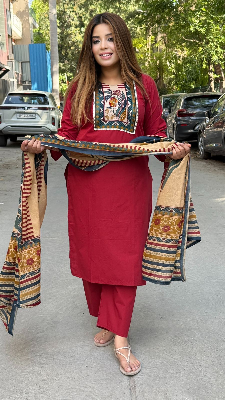 Vamikaa Cotton Suit Set- Maroon, Mustard