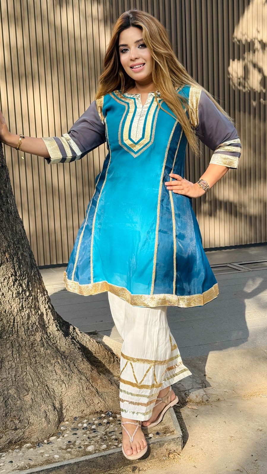 Kavishri Cotton Short Kurta Set- Brown, Blue