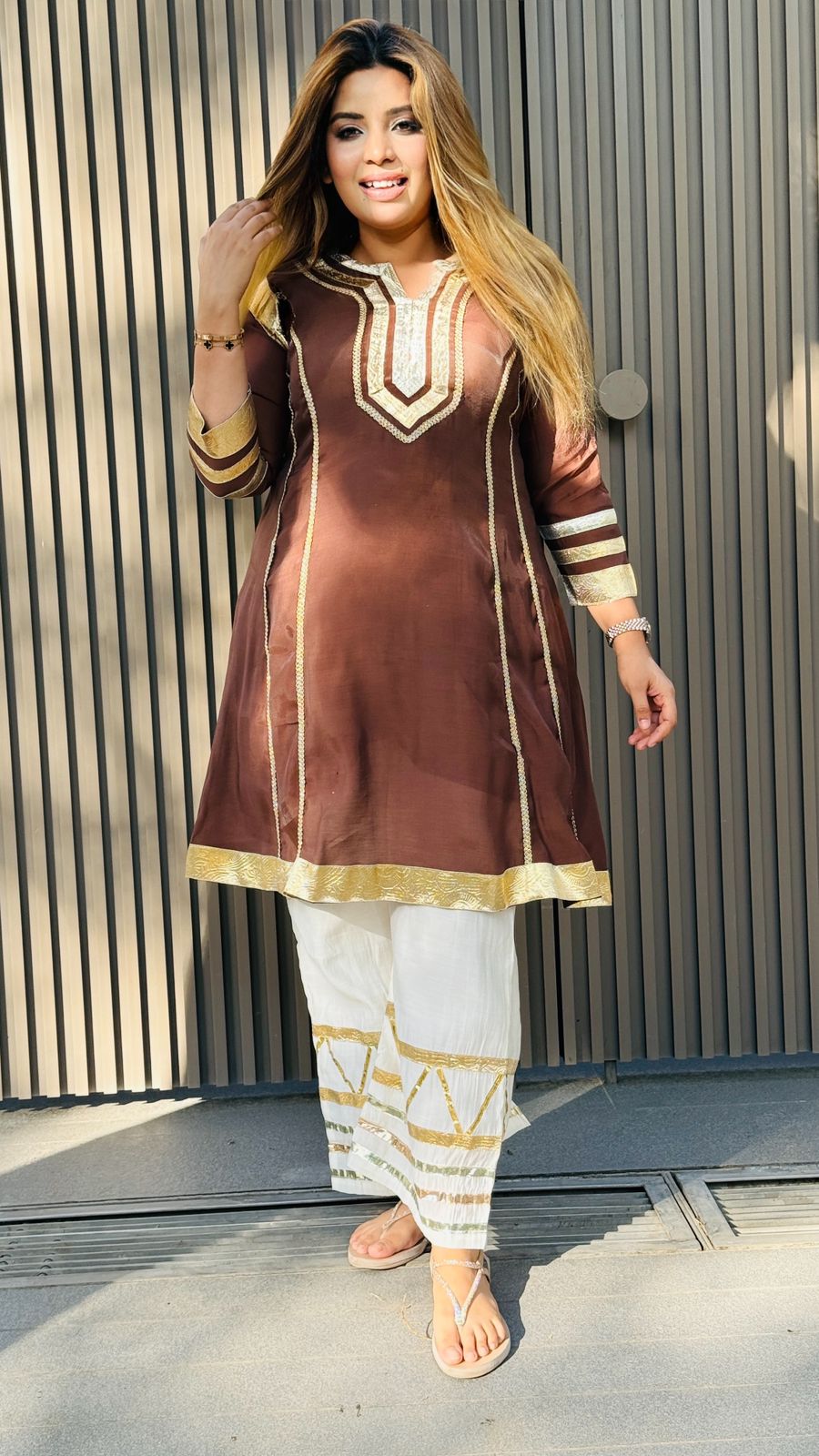 Kavishri Cotton Short Kurta Set- Brown, Blue